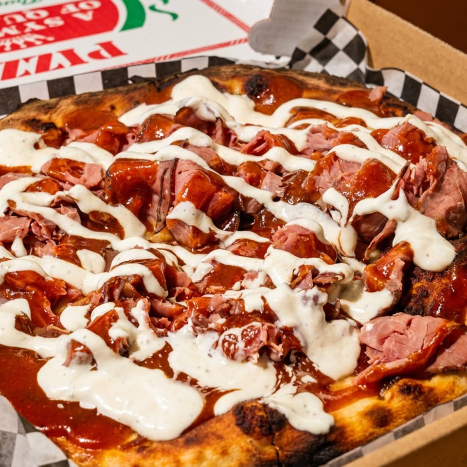 Roast beef pizza with BBQ sauce and ranch drizzle in a checkered pizza box.
